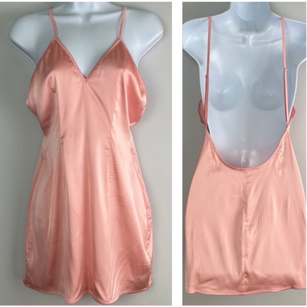 For Love & Lemons Pink Satin Mini Slip Dress Low Back Stretchy XS Sexy Lingerie